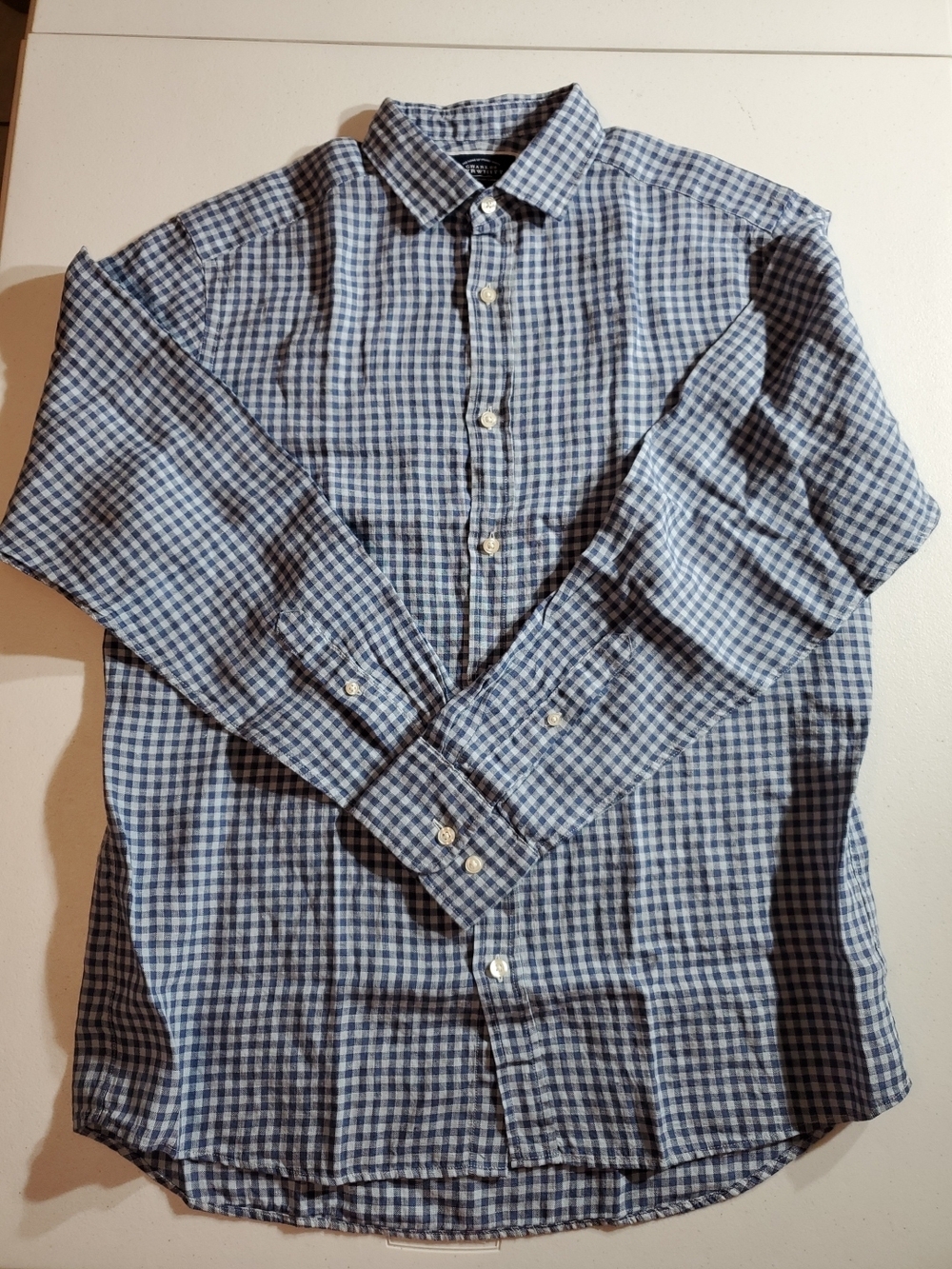 NWOT Charles Tyrwhitt Med Blue Gingham Linen Long Sleeve Shirt Wedding Work
